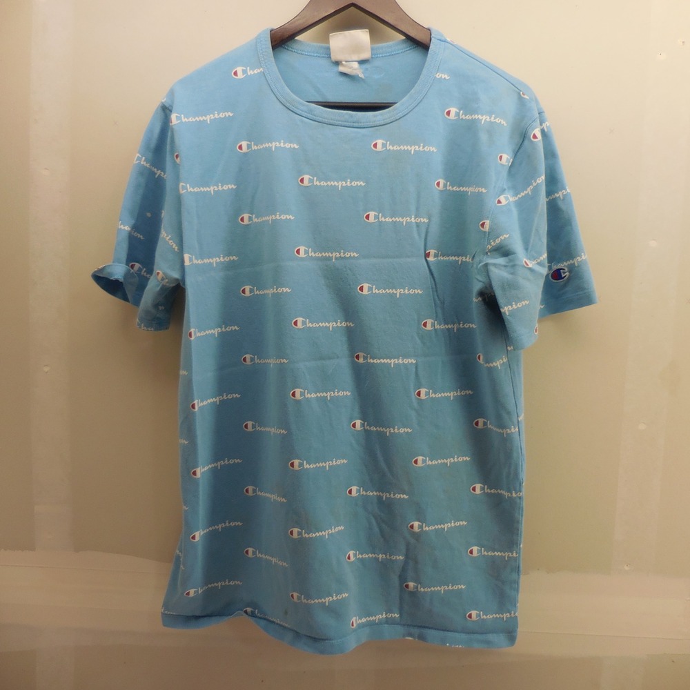 Champion Reverse Weave All Over‎ Print Logo T-Shirt Blue Mens Large AOP Script